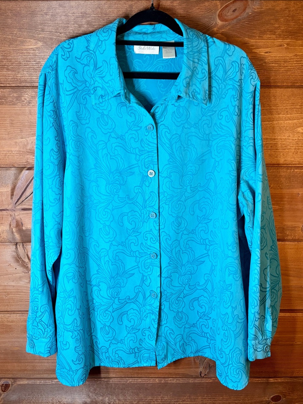 Studio Works Turquoise Faux Suede Embossed Floral-Print Button-Down Shirt Large